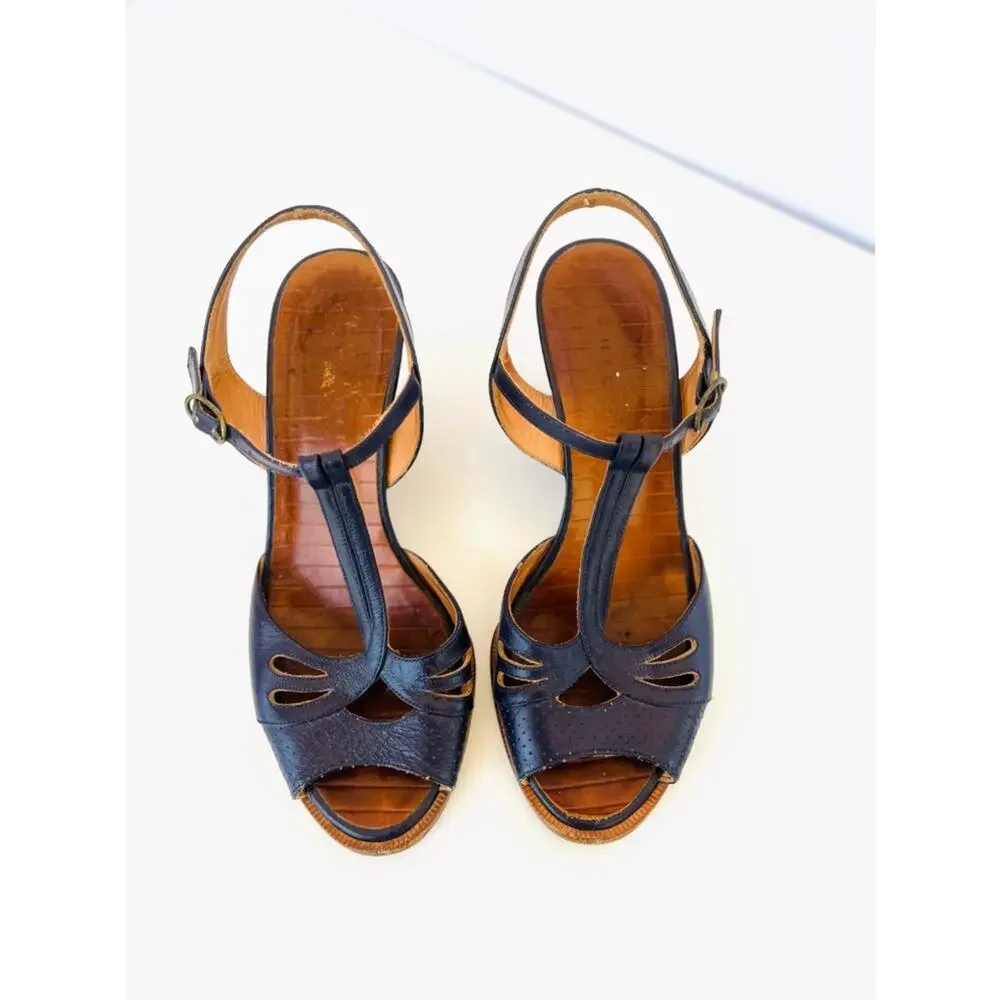 Chie Mihara Navy Blue Leather T-Strap Wedge Cutout Sandals Size 38 70s Style
